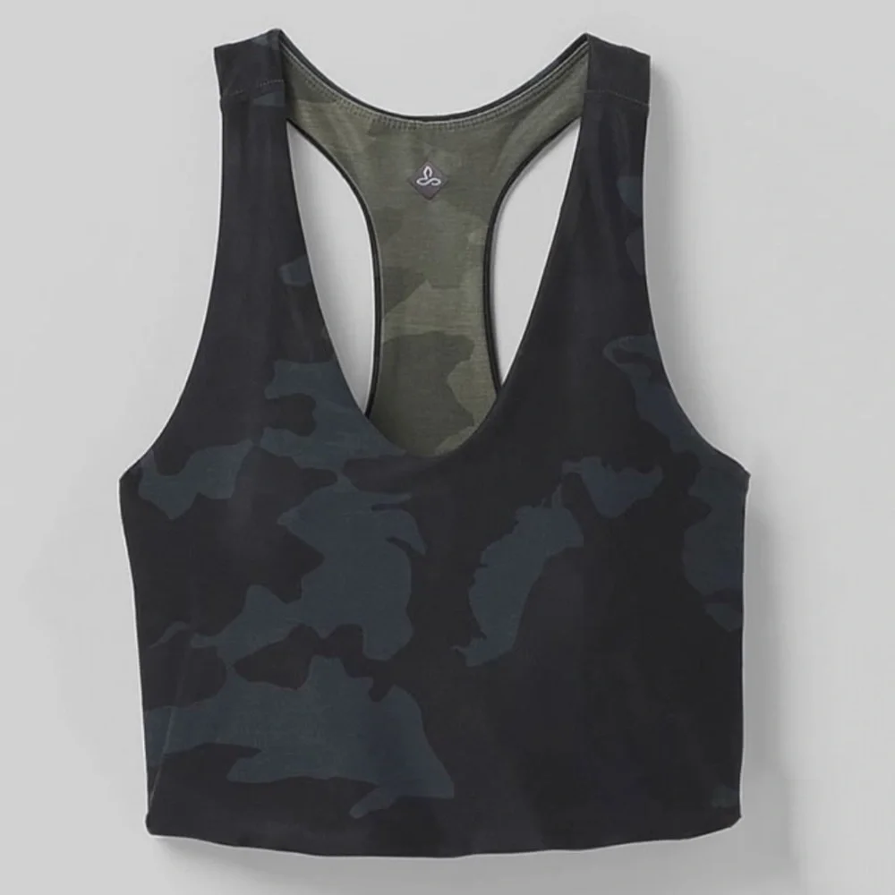NWT Prana Momento Racerback Crop Top Sports Bra Reversible Camo Print